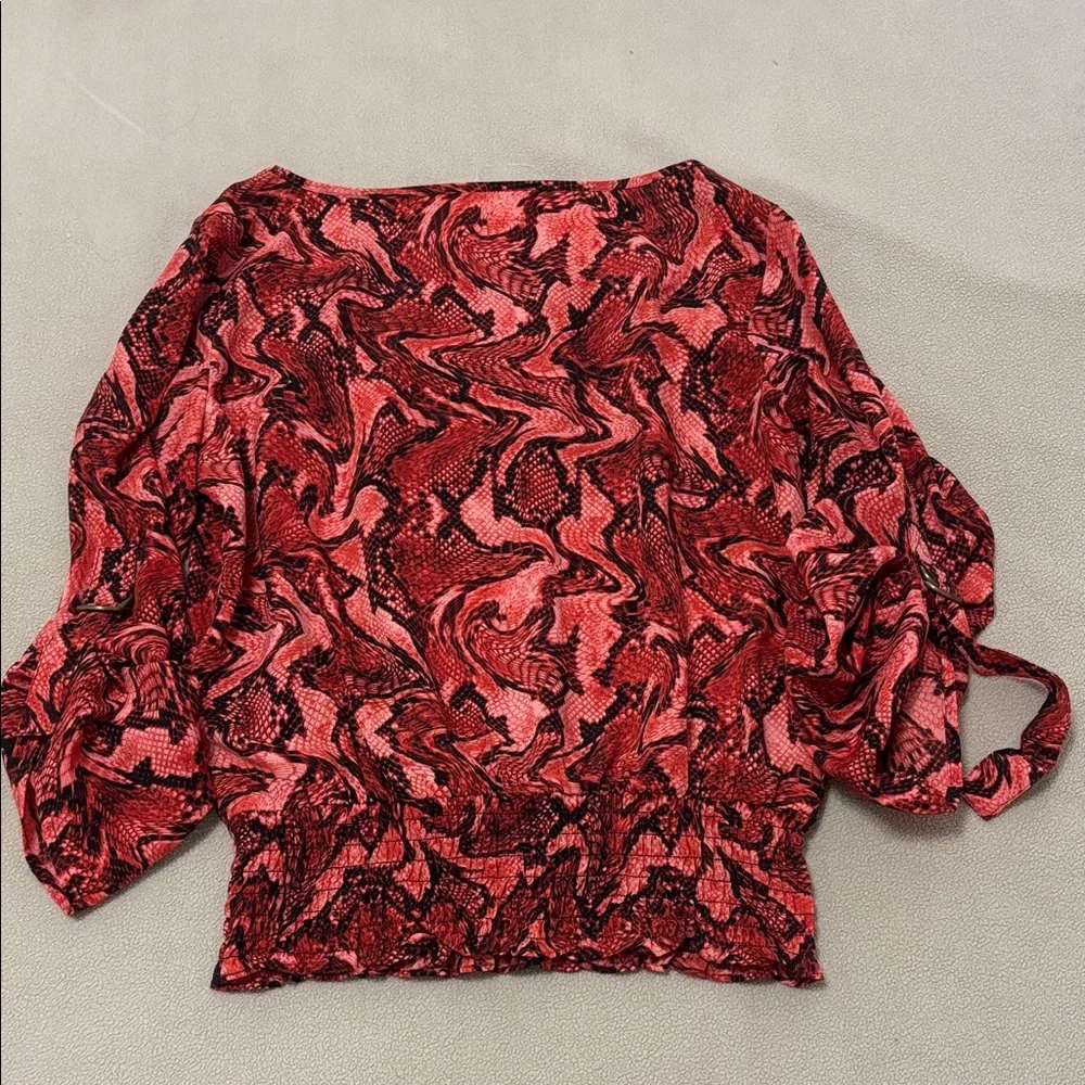 Michael Kors Women Red Coral Brown Animal Print Swirl Blouse Modern Stylish Top